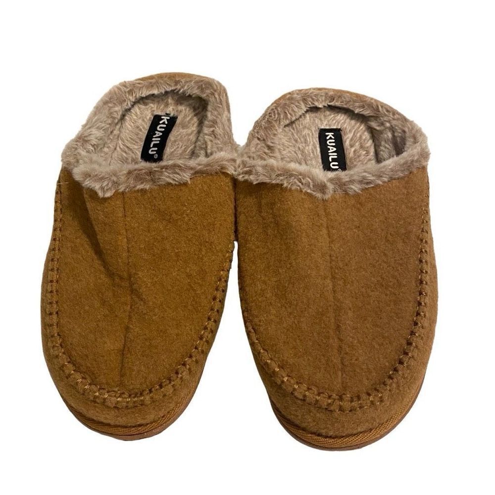 KUAILU Men’s Clog Faux Fur Slip On Winter House Shoes Sz 11 Tan New With Defects